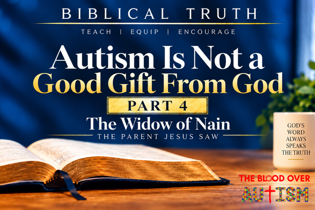 Biblical Truth blog cover for Autism Is Not a Good Gift From God: Part 4, The Widow of Nain: The Parent Jesus Saw, featuring an open Bible and a mug.